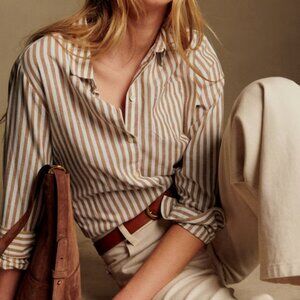$110 NWT Sézane White Brown Stripe Chemise Tomboy Button Collared Top sz FR 34/2
